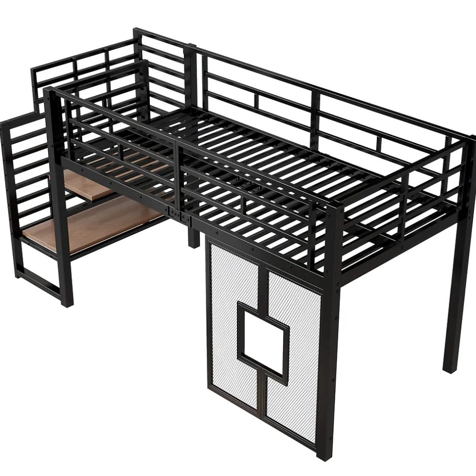 ModernLuxe Lit mezzanine en métal 90x200cm - Avec escalier de rangement - Avec éclairage LED - Design fenêtre - Noir ( sans matelas ) Discount