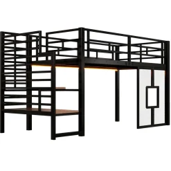 ModernLuxe Lit mezzanine en métal 90x200cm - Avec escalier de rangement - Avec éclairage LED - Design fenêtre - Noir ( sans matelas ) Discount