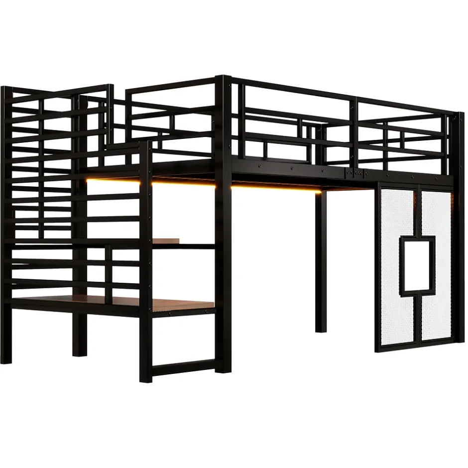 ModernLuxe Lit mezzanine en métal 90x200cm - Avec escalier de rangement - Avec éclairage LED - Design fenêtre - Noir ( sans matelas ) Discount