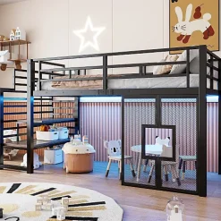 ModernLuxe Lit mezzanine en métal 90x200cm - Avec escalier de rangement - Avec éclairage LED - Design fenêtre - Noir ( sans matelas ) Discount