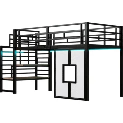 ModernLuxe Lit mezzanine en métal 90x200cm - Avec escalier de rangement - Avec éclairage LED - Design fenêtre - Noir ( sans matelas ) Discount