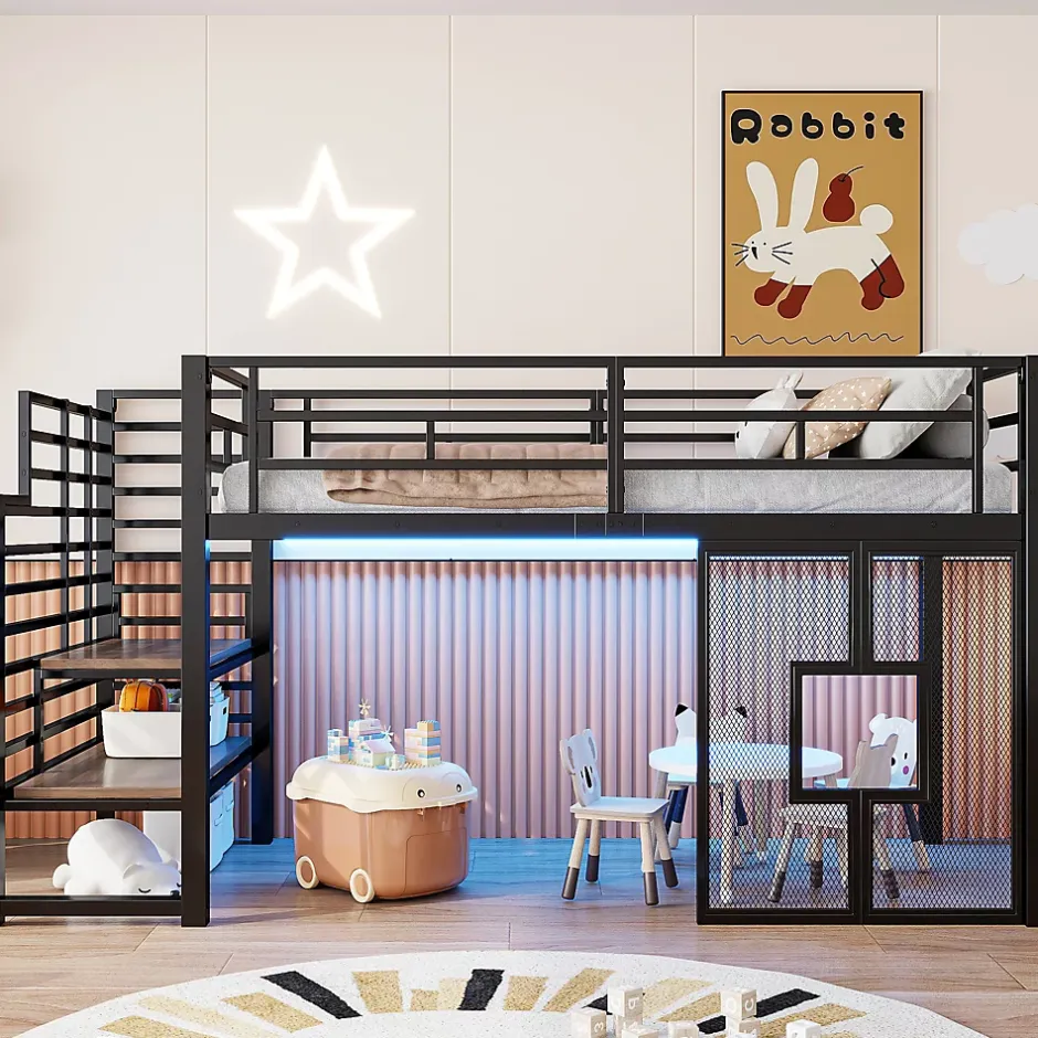 ModernLuxe Lit mezzanine en métal 90x200cm - Avec escalier de rangement - Avec éclairage LED - Design fenêtre - Noir ( sans matelas ) Discount