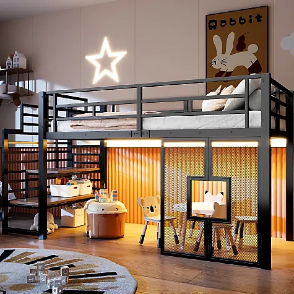 ModernLuxe Lit mezzanine en métal 90x200cm - Avec escalier de rangement - Avec éclairage LED - Design fenêtre - Noir ( sans matelas ) Discount