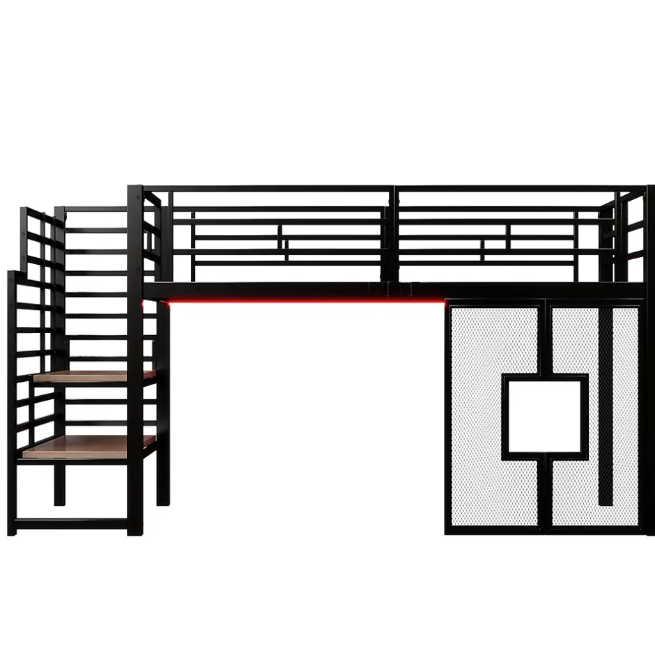 ModernLuxe Lit mezzanine en métal 90x200cm - Avec escalier de rangement - Avec éclairage LED - Design fenêtre - Noir ( sans matelas ) Discount