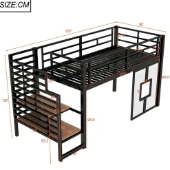 ModernLuxe Lit mezzanine en métal 90x200cm - Avec escalier de rangement - Avec éclairage LED - Design fenêtre - Noir ( sans matelas ) Discount