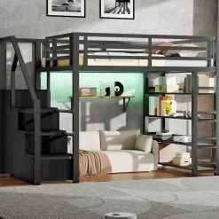 ModernLuxe Lit mezzanine en métal 140x200cm - avec LED - échelle de rangement - avec armoire et étagères - Noir ( sans matelas)