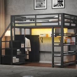 ModernLuxe Lit mezzanine en métal 140x200cm - avec LED - échelle de rangement - avec armoire et étagères - Noir ( sans matelas)