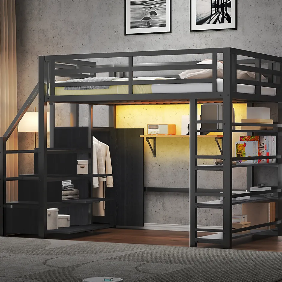 ModernLuxe Lit mezzanine en métal 140x200cm - avec LED - échelle de rangement - avec armoire et étagères - Noir ( sans matelas)