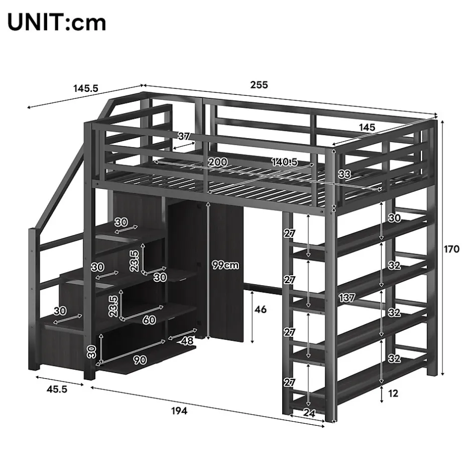 ModernLuxe Lit mezzanine en métal 140x200cm - avec LED - échelle de rangement - avec armoire et étagères - Noir ( sans matelas)