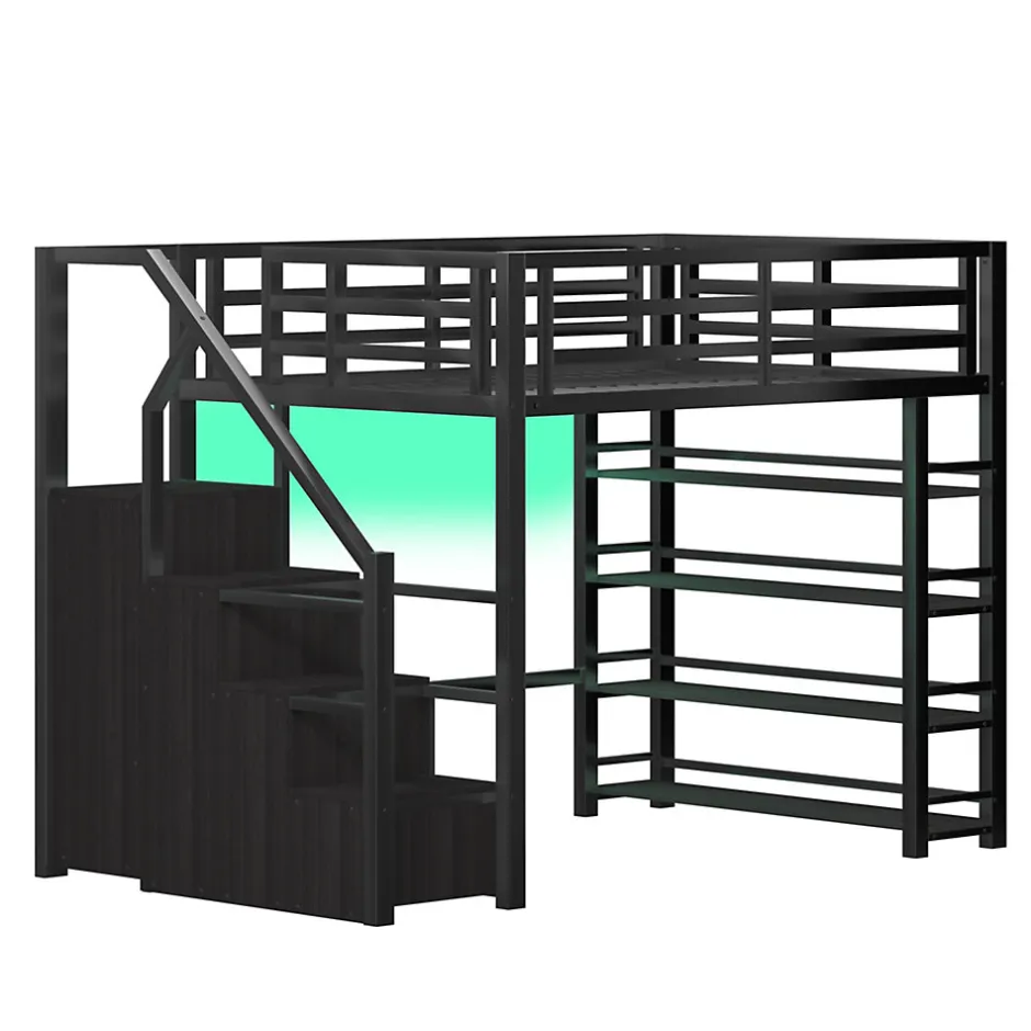 ModernLuxe Lit mezzanine en métal 140x200cm - avec LED - échelle de rangement - avec armoire et étagères - Noir ( sans matelas)