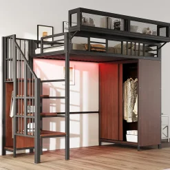 ModernLuxe Lit mezzanine en métal 90x200cm avec armoire - échelle de sécurité - avec LED - barrières de sécurité - noir (sans matelas)