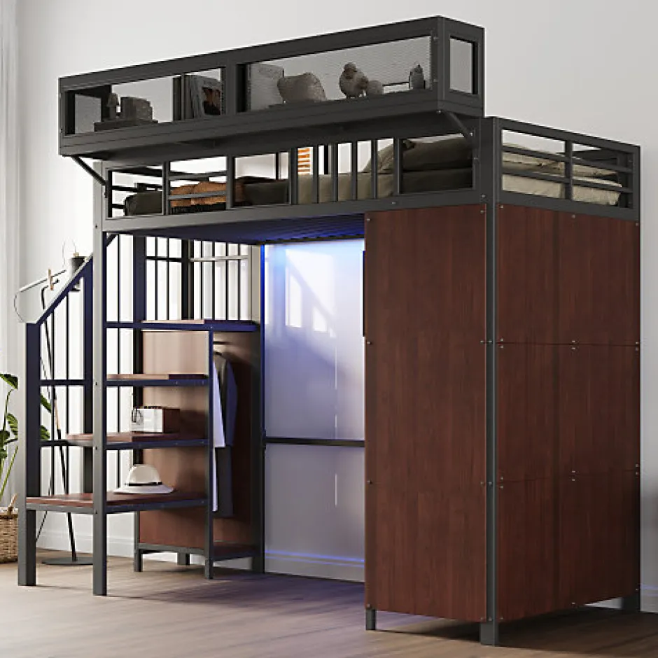 ModernLuxe Lit mezzanine en métal 90x200cm avec armoire - échelle de sécurité - avec LED - barrières de sécurité - noir (sans matelas)