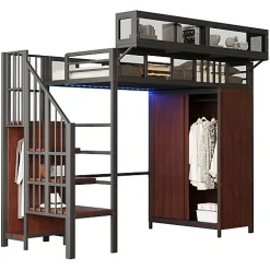 ModernLuxe Lit mezzanine en métal 90x200cm avec armoire - échelle de sécurité - avec LED - barrières de sécurité - noir (sans matelas)