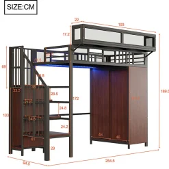 ModernLuxe Lit mezzanine en métal 90x200cm avec armoire - échelle de sécurité - avec LED - barrières de sécurité - noir (sans matelas)