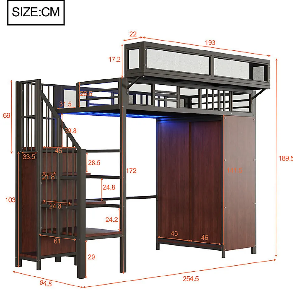 ModernLuxe Lit mezzanine en métal 90x200cm avec armoire - échelle de sécurité - avec LED - barrières de sécurité - noir (sans matelas)