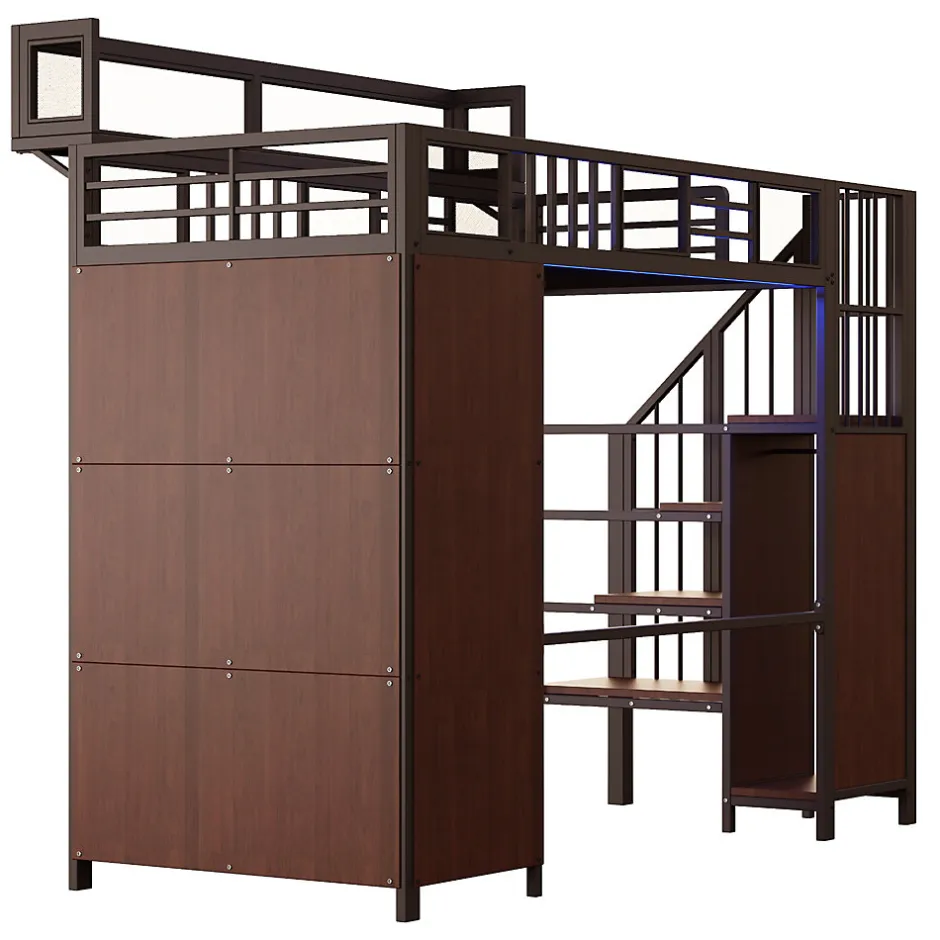ModernLuxe Lit mezzanine en métal 90x200cm avec armoire - échelle de sécurité - avec LED - barrières de sécurité - noir (sans matelas)