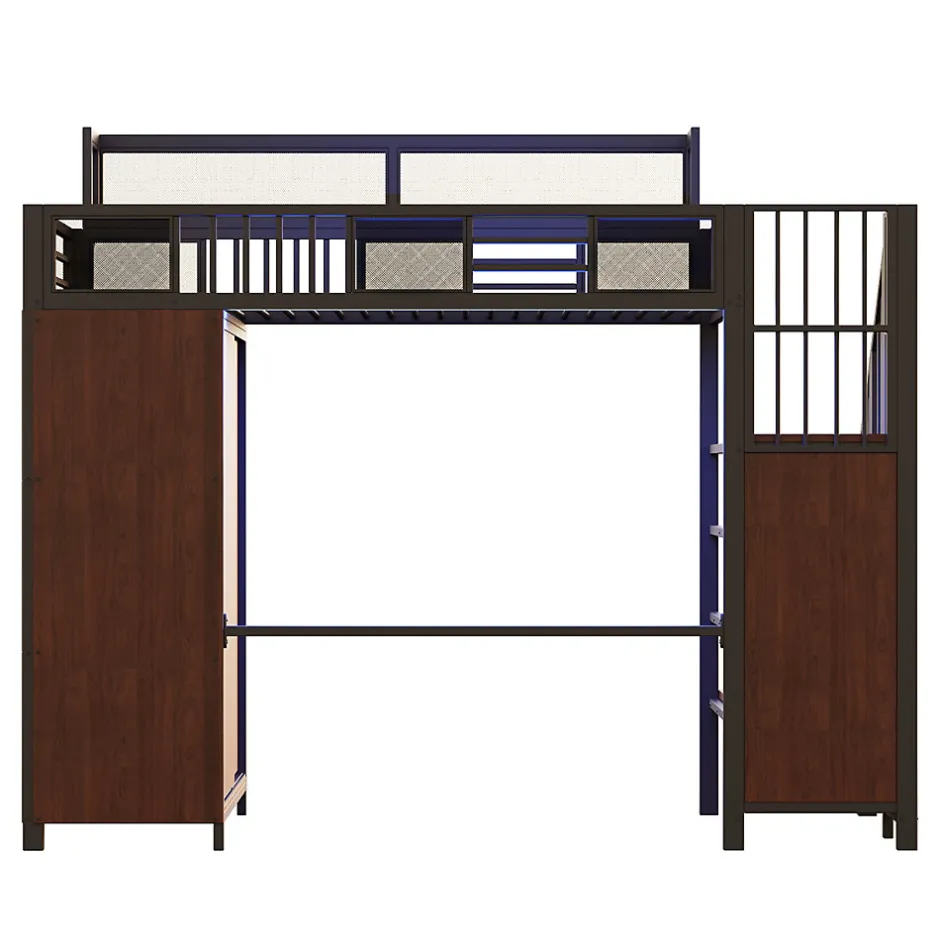 ModernLuxe Lit mezzanine en métal 90x200cm avec armoire - échelle de sécurité - avec LED - barrières de sécurité - noir (sans matelas)