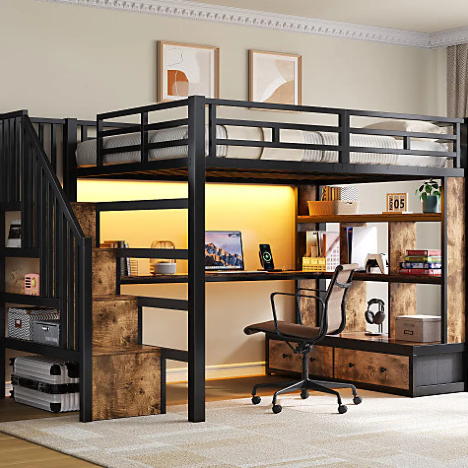 ModernLuxe Lit mezzanine en métal 140x200cm avec LED - avec bureau et étagères - 2 tiroirs et escalier de rangement - Noir(sans matelas)