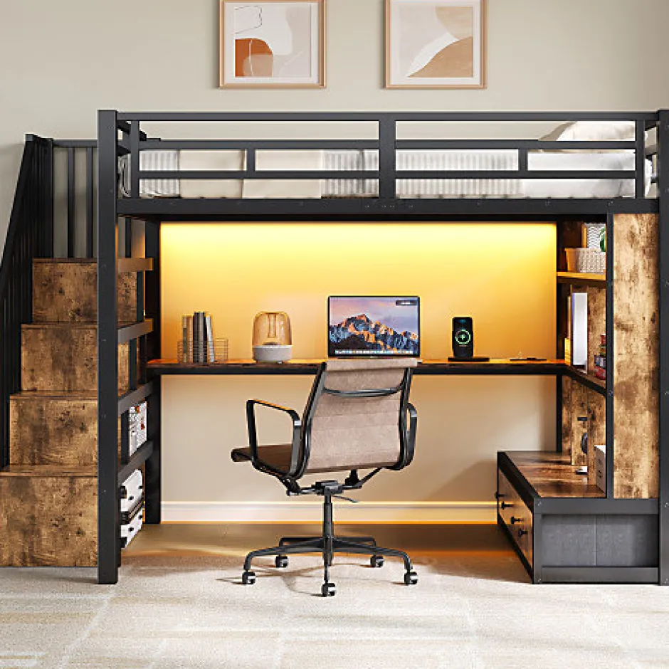 ModernLuxe Lit mezzanine en métal 140x200cm avec LED - avec bureau et étagères - 2 tiroirs et escalier de rangement - Noir(sans matelas)