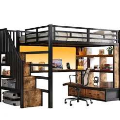 ModernLuxe Lit mezzanine en métal 140x200cm avec LED - avec bureau et étagères - 2 tiroirs et escalier de rangement - Noir(sans matelas)