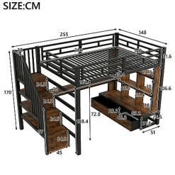 ModernLuxe Lit mezzanine en métal 140x200cm avec LED - avec bureau et étagères - 2 tiroirs et escalier de rangement - Noir(sans matelas)