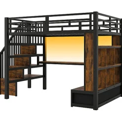 ModernLuxe Lit mezzanine en métal 140x200cm avec LED - avec bureau et étagères - 2 tiroirs et escalier de rangement - Noir(sans matelas)