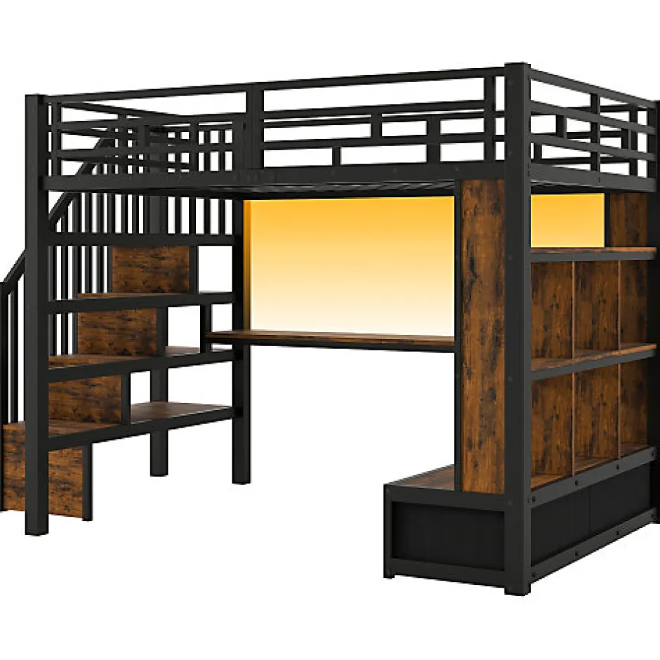 ModernLuxe Lit mezzanine en métal 140x200cm avec LED - avec bureau et étagères - 2 tiroirs et escalier de rangement - Noir(sans matelas)