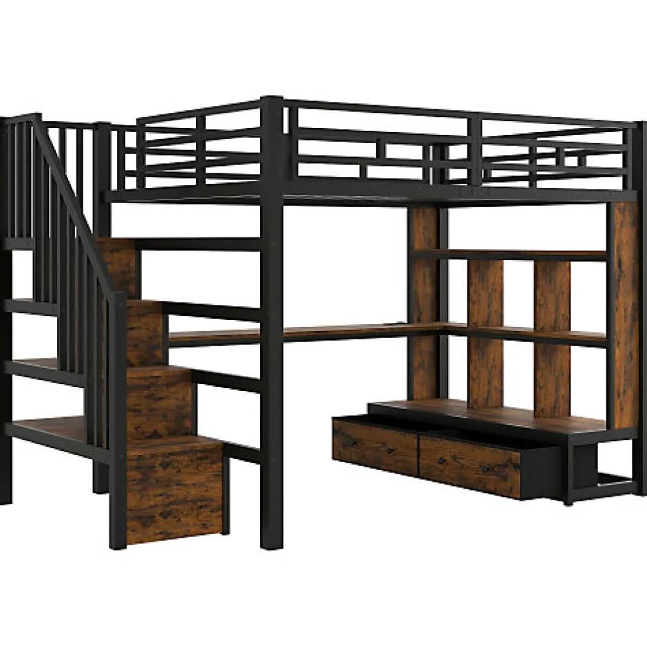 ModernLuxe Lit mezzanine en métal 140x200cm avec LED - avec bureau et étagères - 2 tiroirs et escalier de rangement - Noir(sans matelas)