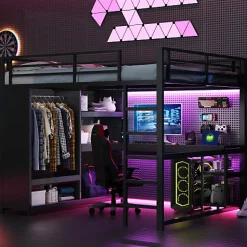 ModernLuxe Lit mezzanine en métal 160x200cm avec LED - Bureau et compartiments de rangement - Armoire ouverte - Noir (sans matelas)