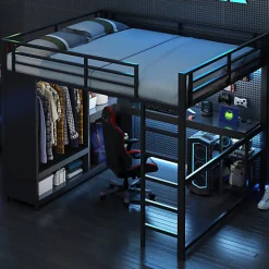 ModernLuxe Lit mezzanine en métal 160x200cm avec LED - Bureau et compartiments de rangement - Armoire ouverte - Noir (sans matelas)