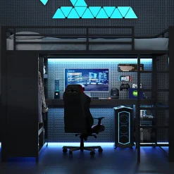 ModernLuxe Lit mezzanine en métal 160x200cm avec LED - Bureau et compartiments de rangement - Armoire ouverte - Noir (sans matelas)