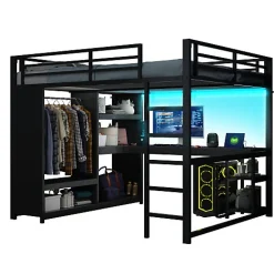 ModernLuxe Lit mezzanine en métal 160x200cm avec LED - Bureau et compartiments de rangement - Armoire ouverte - Noir (sans matelas)