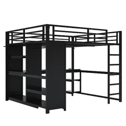 ModernLuxe Lit mezzanine en métal 160x200cm avec LED - Bureau et compartiments de rangement - Armoire ouverte - Noir (sans matelas)