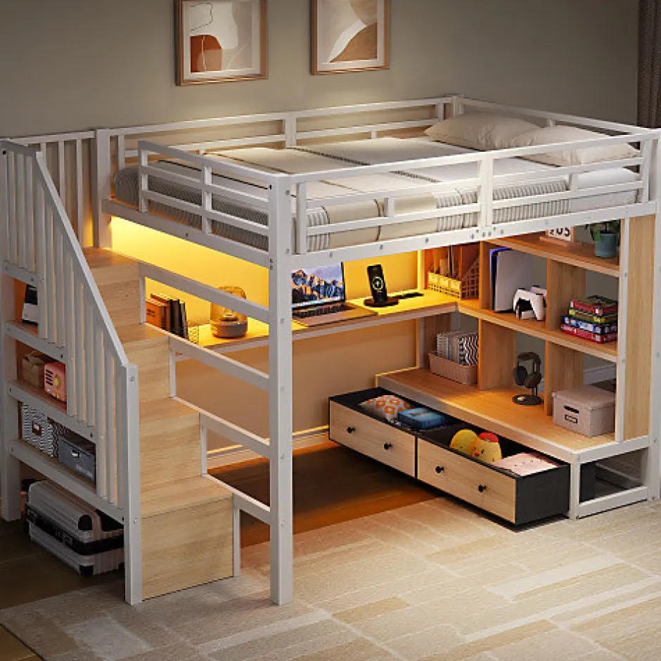 ModernLuxe Lit mezzanine en métal 140x200cm avec LED - avec bureau et étagères - 2 tiroirs et escalier de rangement - Blanc (sans matelas)