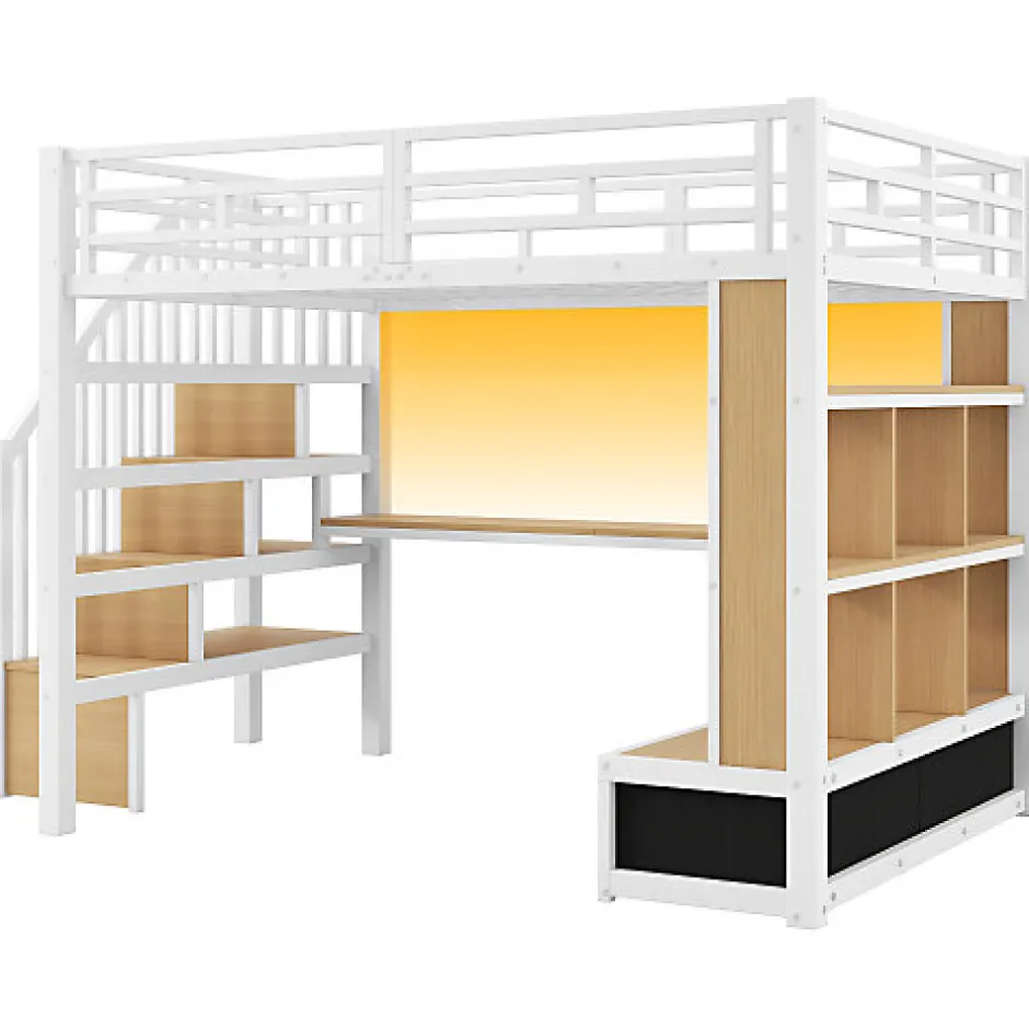 ModernLuxe Lit mezzanine en métal 140x200cm avec LED - avec bureau et étagères - 2 tiroirs et escalier de rangement - Blanc (sans matelas)