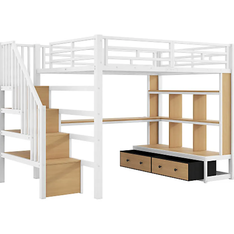 ModernLuxe Lit mezzanine en métal 140x200cm avec LED - avec bureau et étagères - 2 tiroirs et escalier de rangement - Blanc (sans matelas)