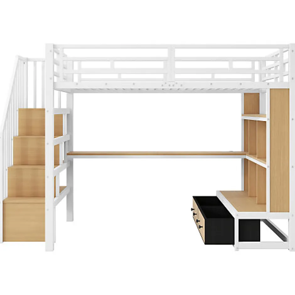 ModernLuxe Lit mezzanine en métal 140x200cm avec LED - avec bureau et étagères - 2 tiroirs et escalier de rangement - Blanc (sans matelas)