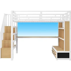 ModernLuxe Lit mezzanine en métal 140x200cm avec LED - avec bureau et étagères - 2 tiroirs et escalier de rangement - Blanc (sans matelas)