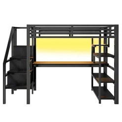 ModernLuxe Lit mezzanine en métal 140x200mm avec armoire ouverte et bureau - LED et port USB - Avec échelle de rangement et étagères - Noir Best