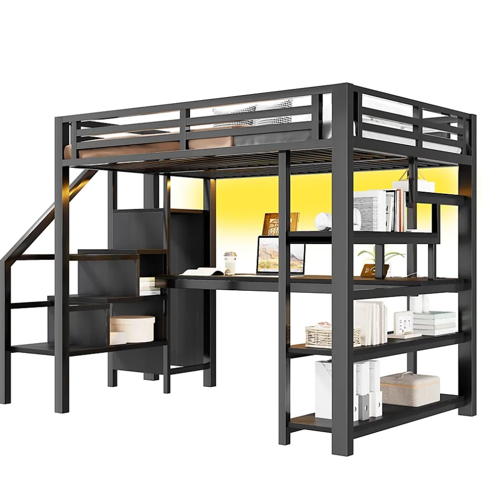 ModernLuxe Lit mezzanine en métal 140x200mm avec armoire ouverte et bureau - LED et port USB - Avec échelle de rangement et étagères - Noir Best