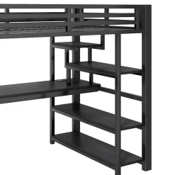 ModernLuxe Lit mezzanine en métal 140x200mm avec armoire ouverte et bureau - LED et port USB - Avec échelle de rangement et étagères - Noir Best