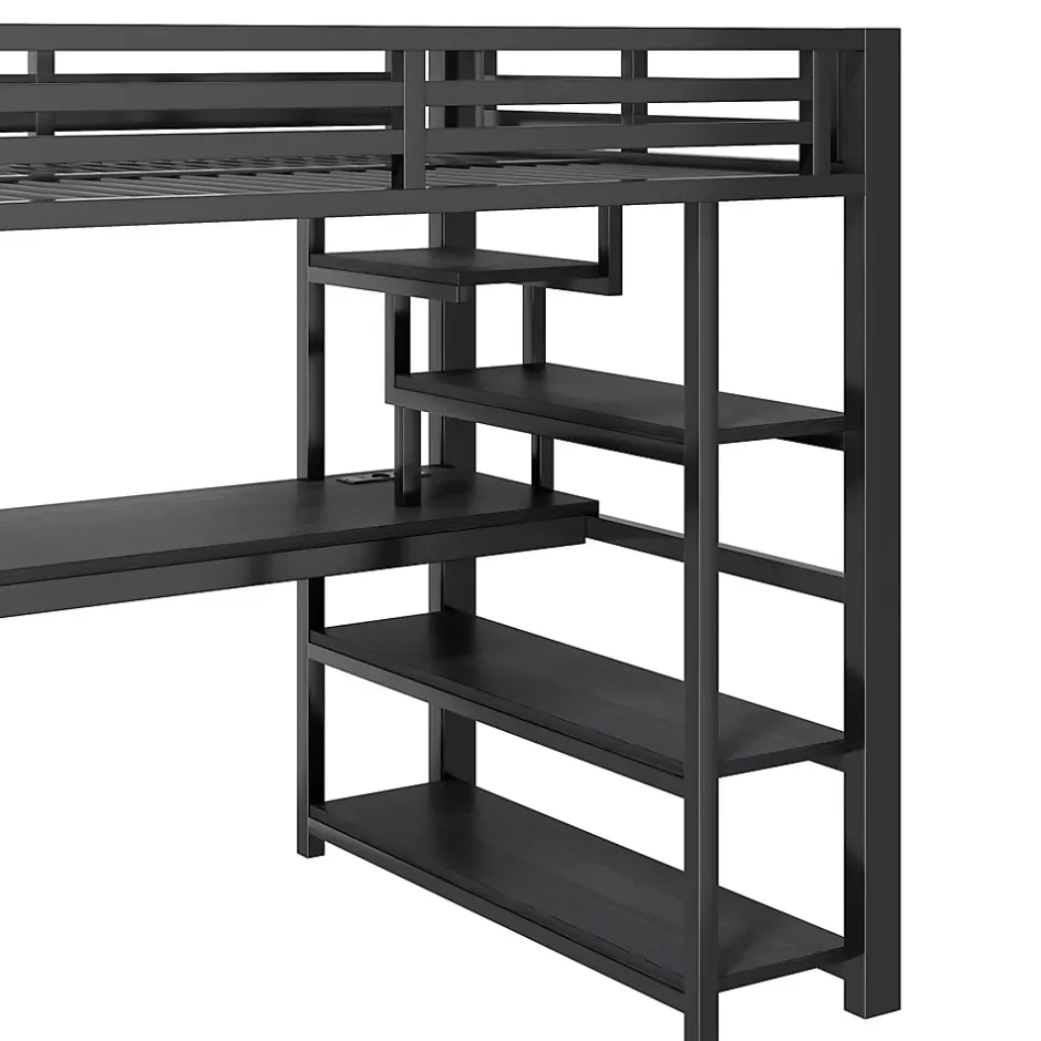 ModernLuxe Lit mezzanine en métal 140x200mm avec armoire ouverte et bureau - LED et port USB - Avec échelle de rangement et étagères - Noir Best