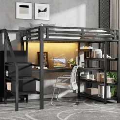 ModernLuxe Lit mezzanine en métal 140x200mm avec armoire ouverte et bureau - LED et port USB - Avec échelle de rangement et étagères - Noir Best
