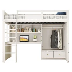Blackcolors Lit mezzanine enfant avec bureau et armoire,90x200cm,blanc,avec échelle et rangement Discount