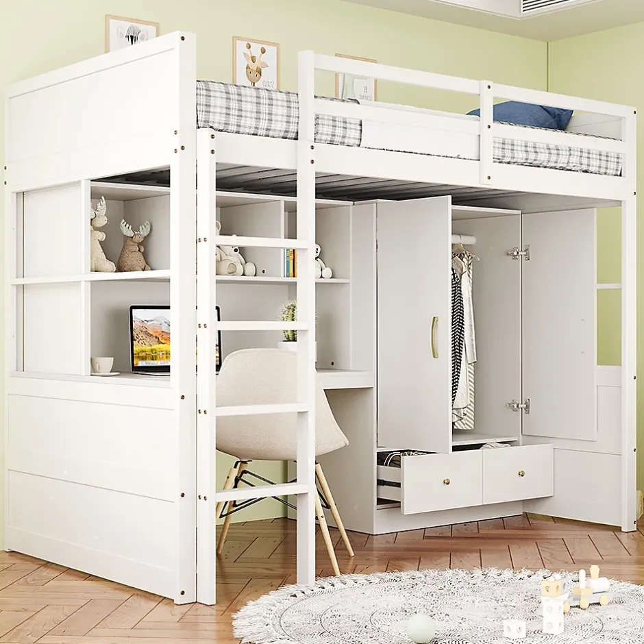 Blackcolors Lit mezzanine enfant avec bureau et armoire,90x200cm,blanc,avec échelle et rangement Discount