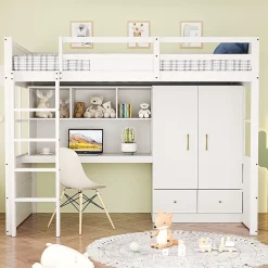 Blackcolors Lit mezzanine enfant avec bureau et armoire,90x200cm,blanc,avec échelle et rangement Discount