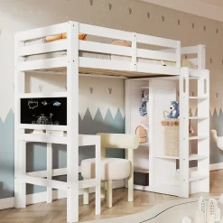 Okwish Lit Mezzanine Enfant Simple 90x200 cm - Bureau, Armoire Ouverte et Étagères, Barrières de Sécurité - sans Matelas - Blanc
