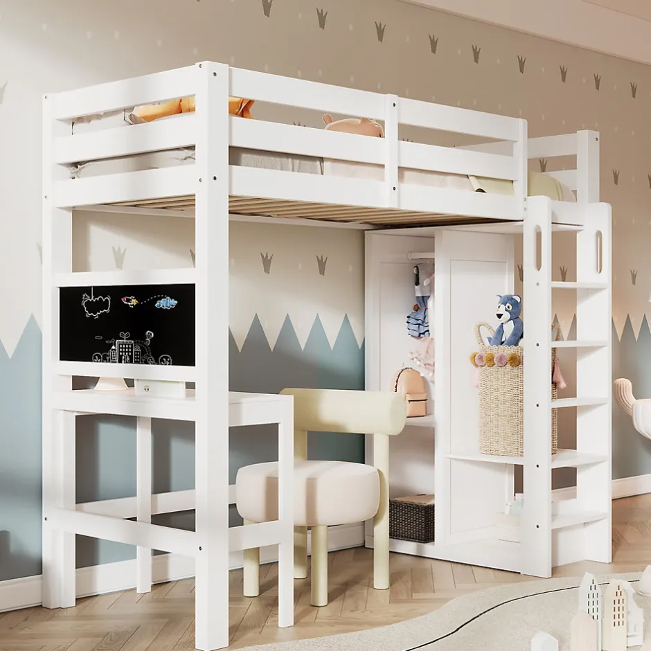 Okwish Lit Mezzanine Enfant Simple 90x200 cm - Bureau, Armoire Ouverte et Étagères, Barrières de Sécurité - sans Matelas - Blanc
