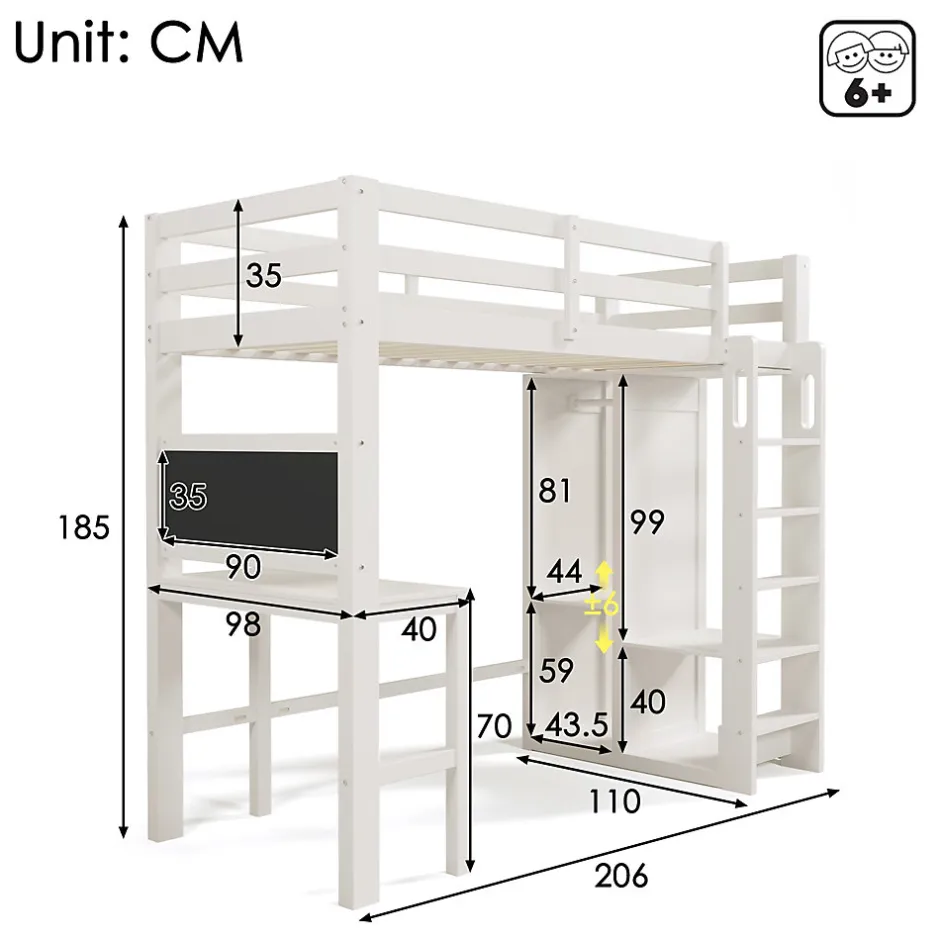 Okwish Lit Mezzanine Enfant Simple 90x200 cm - Bureau, Armoire Ouverte et Étagères, Barrières de Sécurité - sans Matelas - Blanc