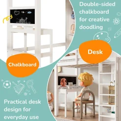 Okwish Lit Mezzanine Enfant Simple 90x200 cm - Bureau, Armoire Ouverte et Étagères, Barrières de Sécurité - sans Matelas - Blanc